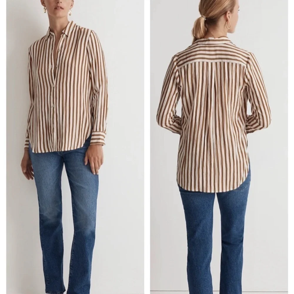 Madewell Crinkled Button Up Shirt Toffee Brown Striped XS - Picture 10 of 10